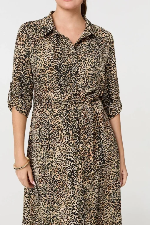 Animal Print Tie Waist Midi Shirt Dress
