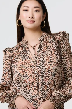 Animal Print Tie-Up Keyhole Neck Blouse