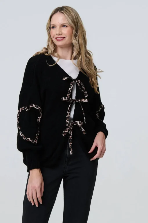 Animal Print Trim Tie Front Cardigan