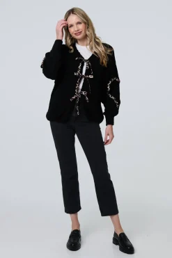 Animal Print Trim Tie Front Cardigan
