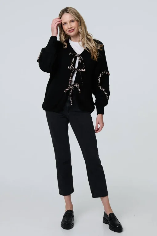 Animal Print Trim Tie Front Cardigan