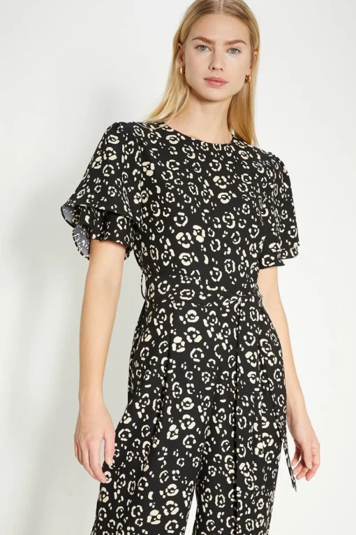 Animal Printed Crepe Belted Jumpsuit