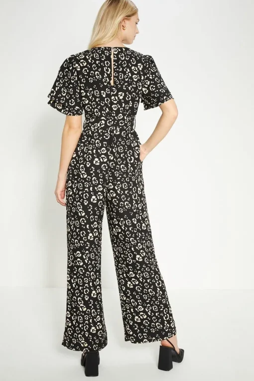Animal Printed Crepe Belted Jumpsuit
