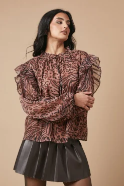 Animal Printed Metallic Chiffon Tie Neck Blouse