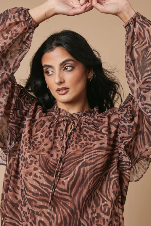 Animal Printed Metallic Chiffon Tie Neck Blouse