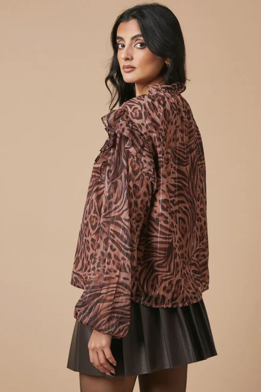 Animal Printed Metallic Chiffon Tie Neck Blouse