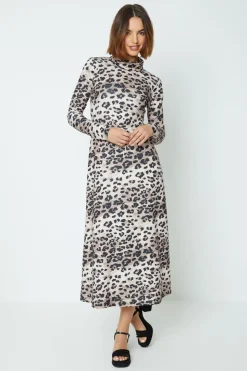 Animal Roll Neck Long Sleeve Jersey Dress