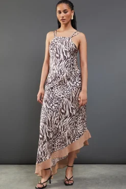 Animal Satin Strappy Asymmetric Chiffon Insert Midi Dress