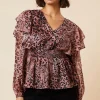 Animal Shirred Waist Button Front Chiffon Long Sleeve Blouse