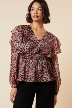 Animal Shirred Waist Button Front Chiffon Long Sleeve Blouse