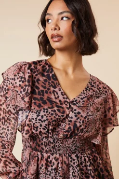 Animal Shirred Waist Button Front Chiffon Long Sleeve Blouse