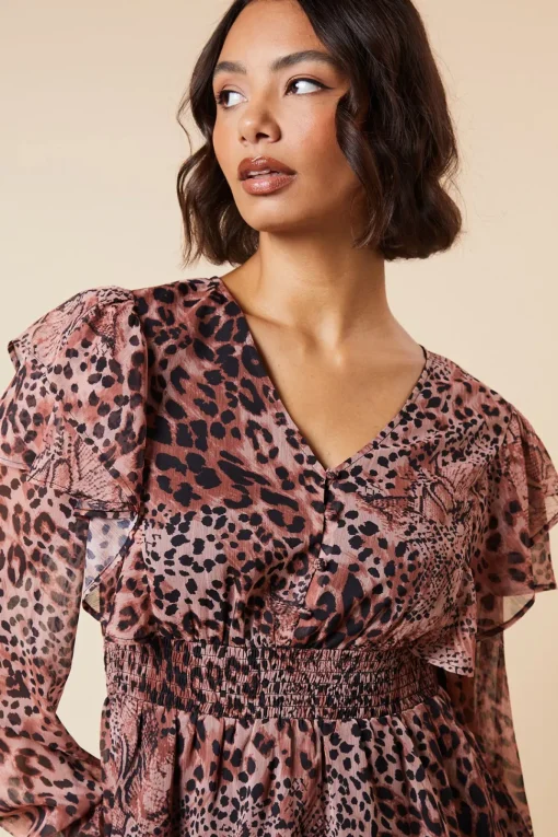 Animal Shirred Waist Button Front Chiffon Long Sleeve Blouse