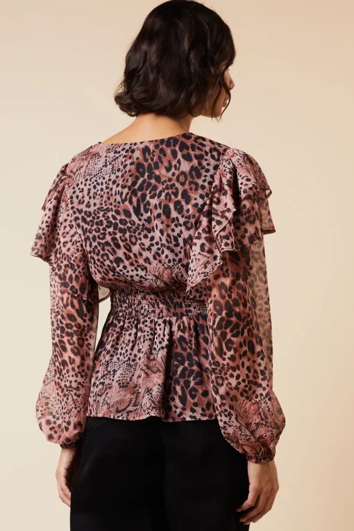 Animal Shirred Waist Button Front Chiffon Long Sleeve Blouse