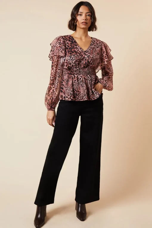 Animal Shirred Waist Button Front Chiffon Long Sleeve Blouse