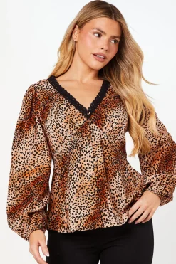 Animal Sleeve Lace Trim Button Front Tea Blouse