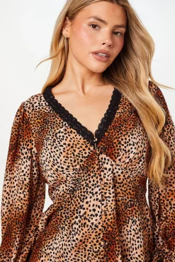 Animal Sleeve Lace Trim Button Front Tea Blouse