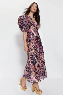 Animal Spot Print Puff Sleeve V Neck Dress