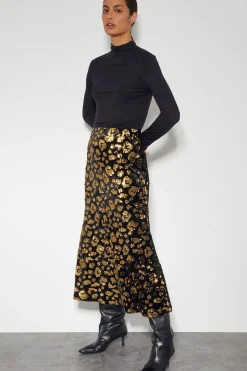Arwen Sequin Leopard Velvet Midi Skirt Black