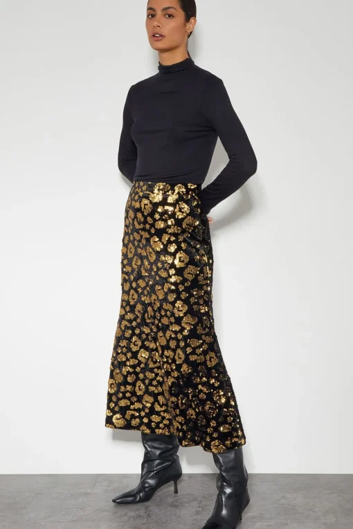 Arwen Sequin Leopard Velvet Midi Skirt Black