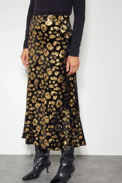 Arwen Sequin Leopard Velvet Midi Skirt Black