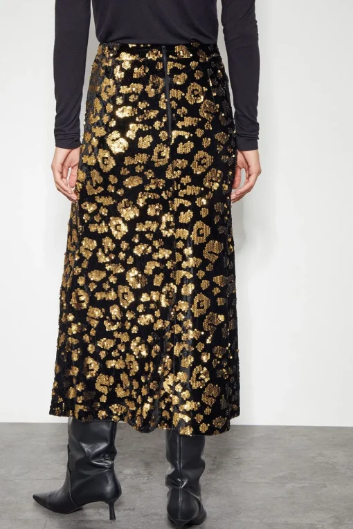 Arwen Sequin Leopard Velvet Midi Skirt Black