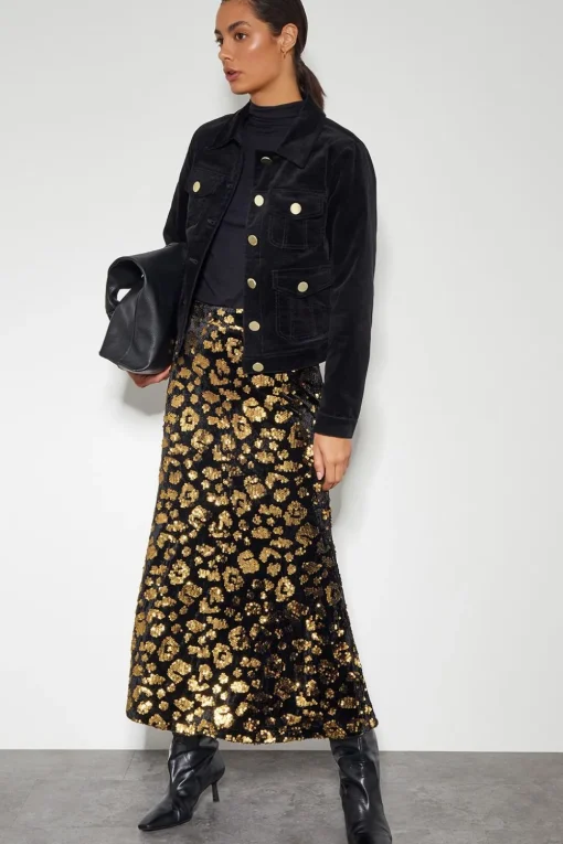 Arwen Sequin Leopard Velvet Midi Skirt Black