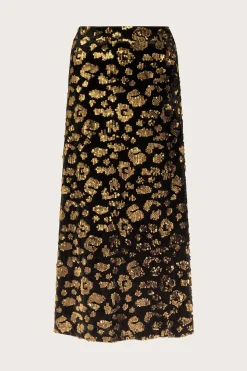Arwen Sequin Leopard Velvet Midi Skirt Black