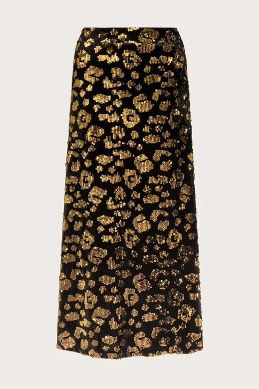 Arwen Sequin Leopard Velvet Midi Skirt Black