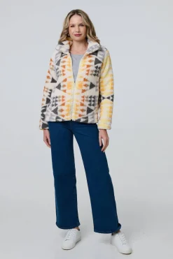 Aztec Print Relaxed Teddy Fur Jacket