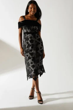 Bardot Detail Velvet Lace Pencil Dress With Contrast Lining