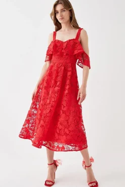 Bardot Frill Top Lace Midi Dress