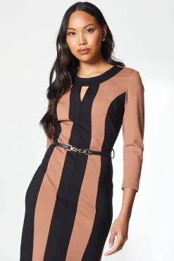 Beige Contrast Detail Ponte Shift Dress