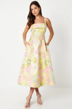 Belted Cami Top Jacquard Midi Dress