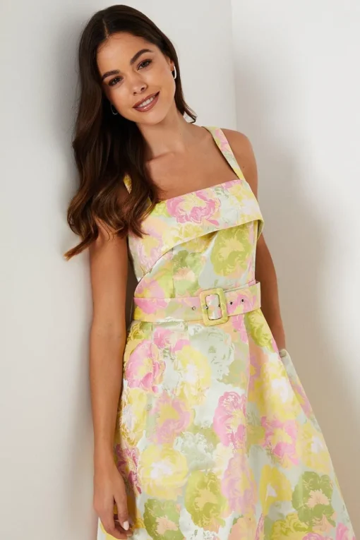 Belted Cami Top Jacquard Midi Dress