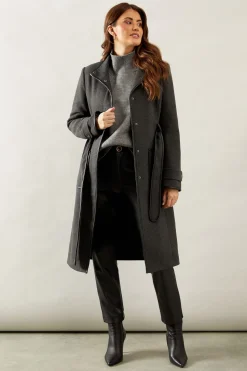 Belted Faux Leather Piped Coat