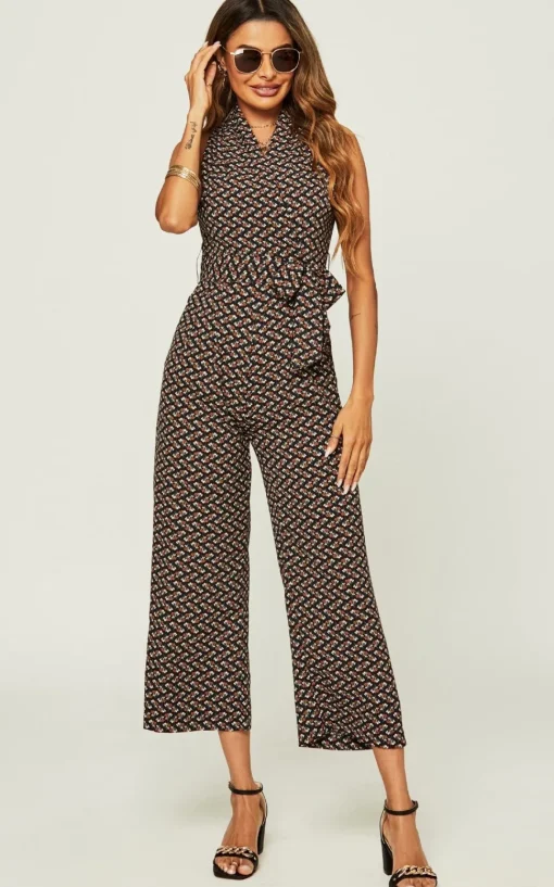Belted Wrap Jumpsuit In Navy Mix Printed