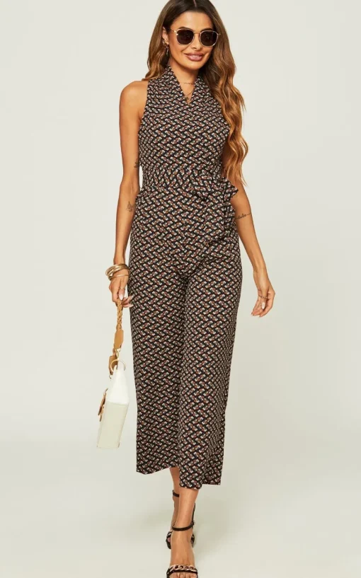 Belted Wrap Jumpsuit In Navy Mix Printed