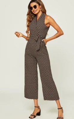 Belted Wrap Jumpsuit In Navy Mix Printed