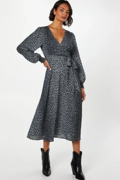 Black Animal Long Sleeve Wrap Midi Dress
