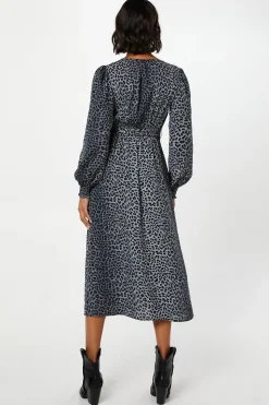 Black Animal Long Sleeve Wrap Midi Dress