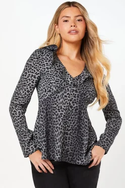 Black Animal Ruffle Neck Long Sleeve Button Front Tea Blouse