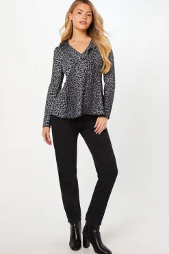 Black Animal Ruffle Neck Long Sleeve Button Front Tea Blouse