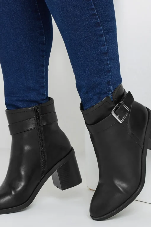 Black Block Heel Buckle Boot In Wide Fit