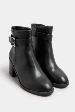 Black Block Heel Buckle Boot In Wide Fit