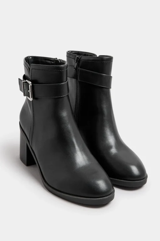 Black Block Heel Buckle Boot In Wide Fit