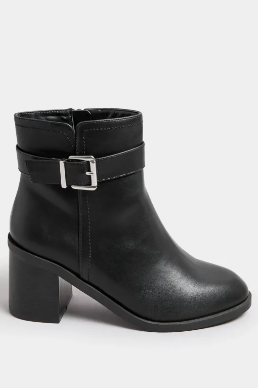 Black Block Heel Buckle Boot In Wide Fit