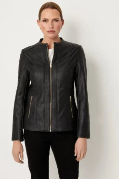 Black Collarless Faux Leather Zip Front Jacket