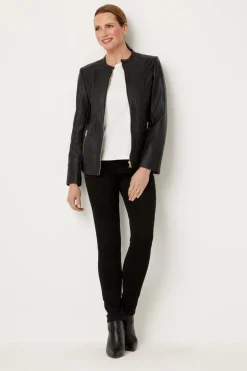 Black Collarless Faux Leather Zip Front Jacket