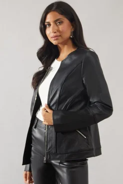 Black Faux Leather Collarless Seam Detail Jacket