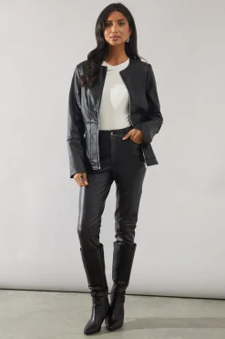 Black Faux Leather Collarless Seam Detail Jacket